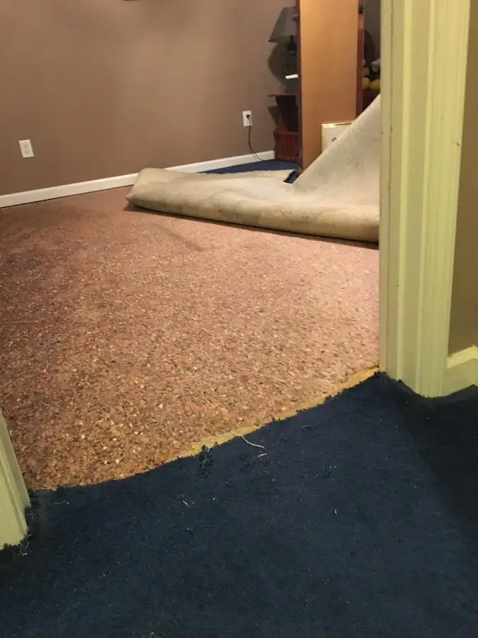 Carpet pad removal revealing water damage during Water Mitigation Services in University Park